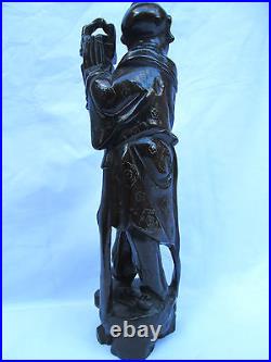Antique Chinese Carved Wooden Figure with Basket, Silver Metal Inlay, Excellent