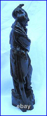 Antique Chinese Carved Wooden Figure with Basket, Silver Metal Inlay, Excellent