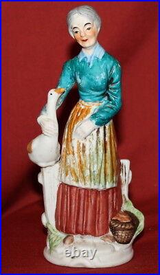 Antique European Hand Painted Bisque Porcelain Figurine Woman And Goose