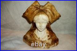 Antique French Antique T. Salvetti Plaster Bust Young Girl Big Bow Signed