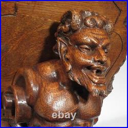 Antique French Hand Carved Wooden Wall Shelf, God Pan, Faun Satyr, Black Forest