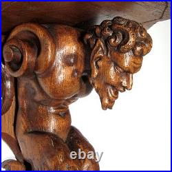 Antique French Hand Carved Wooden Wall Shelf, God Pan, Faun Satyr, Black Forest