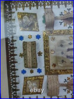 Antique French Relgious Frame with 9 relics saints