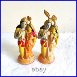 Antique Handmade Painted Lord Krishna Radha Terracotta Figure Pair Rare TC156