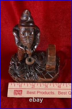 Antique Match Box Holder Black Forest Wood Carving Gnome with a Smoking Pipe