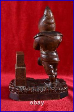 Antique Match Box Holder Black Forest Wood Carving Gnome with a Smoking Pipe