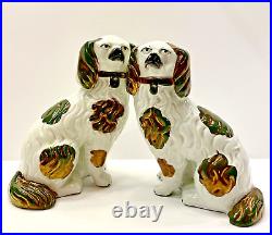 Antique Matched Pair Staffordshire Spaniel Mantle Dogs, Green with Copper Luster