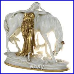 Antique Meissen Classical Parcel Gilt Porcelain Figure of a Maiden & Horse C1890