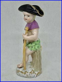 Antique Meissen Porcelain Figurine of a Child Hat Stick Blue Crossed sword NUM 4