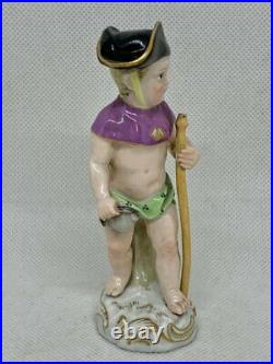 Antique Meissen Porcelain Figurine of a Child Hat Stick Blue Crossed sword NUM 4