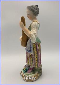 Antique Meissen Porcelain Figurine of a Musician Playing Guitar Woman Statue Old