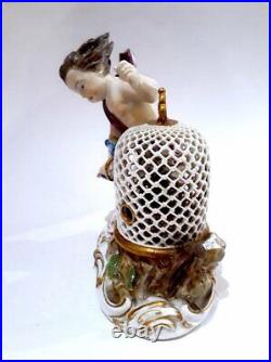 Antique Meissen Putto Porcelain with Bird Cage Figurine Crossed Swords Rare 20th