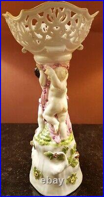 Antique Openwork Porcelain Cup On Meissen Foot Putti Floral Leaves Bird Old 19th