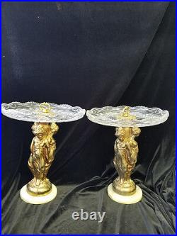 Antique Pair Angel metal golden figure pressed Glass Centerpieces Fruit Platter