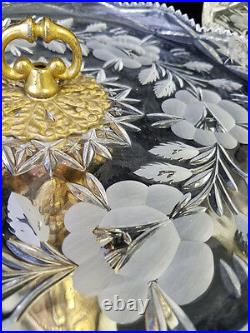 Antique Pair Angel metal golden figure pressed Glass Centerpieces Fruit Platter