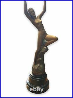 Antique Pair Nymphs Spelter 2 Woman Nude Desk Art Deco Dancer Lady Figure 20th