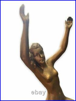 Antique Pair Nymphs Spelter 2 Woman Nude Desk Art Deco Dancer Lady Figure 20th