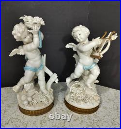 Antique Spanish Algora Porcelain Cherubs Couple, 10.5 high