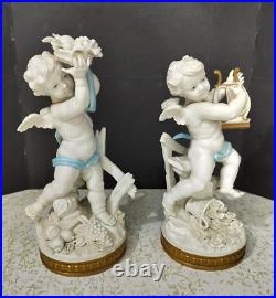 Antique Spanish Algora Porcelain Cherubs Couple, 10.5 high