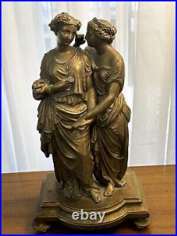 Antique Spelter Gilded Roman Women in Gowns Standing Holding Hands Statue