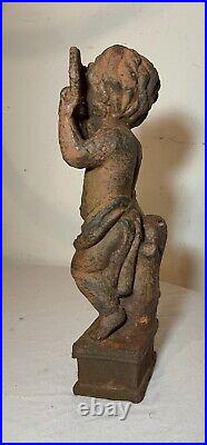 Antique cast iron cherub putti musician playing tambourine statue sculpture