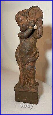 Antique cast iron cherub putti musician playing tambourine statue sculpture