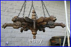 Antique french griffin gargoyles gothic castle 6 arms chandelier wood carved