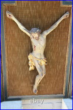 Antique rare religious XXL wall Triptych Wood carved christ oil panel paintings