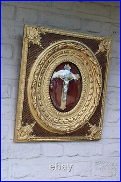 Antique religious wall plaque panel crucifix convex glass napoleon III era