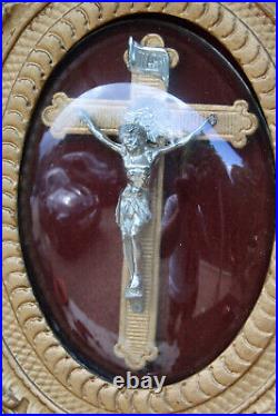 Antique religious wall plaque panel crucifix convex glass napoleon III era