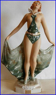 Art Deco Royal Dux Czechoslovakia Porcelain Figurine Of A Semi Naked Woman