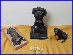 Bronze Pug Statues Lot Of 3 Bust, Laying Down And Sitting