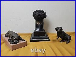 Bronze Pug Statues Lot Of 3 Bust, Laying Down And Sitting