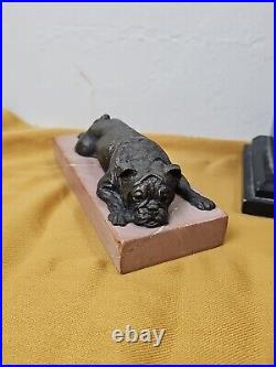 Bronze Pug Statues Lot Of 3 Bust, Laying Down And Sitting