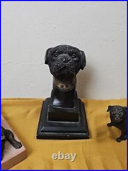 Bronze Pug Statues Lot Of 3 Bust, Laying Down And Sitting