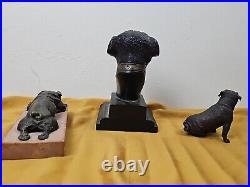 Bronze Pug Statues Lot Of 3 Bust, Laying Down And Sitting