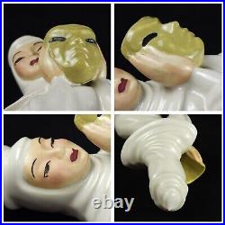 Ceramic Arts Studio Comedy Tragedy Art Pottery Figures White w Green Masks 10.5