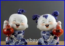 Chinese Jingdezhen Ceramics Blue White Porcelain Lovable Girl Boy Lanterns Pair