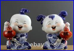 Chinese Jingdezhen Ceramics Blue White Porcelain Lovable Girl Boy Lanterns Pair