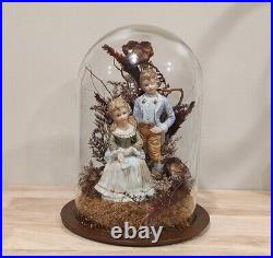 Colonial Couple Statue In Heavy Glass Showcase/Dried Foliage On Wood BaseREAD