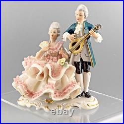 Dresden Germany Porcelain Victorian Lady & Gent Courting Couple Mandolin Crown N