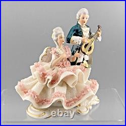 Dresden Germany Porcelain Victorian Lady & Gent Courting Couple Mandolin Crown N