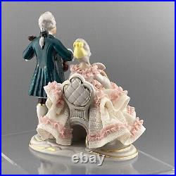 Dresden Germany Porcelain Victorian Lady & Gent Courting Couple Mandolin Crown N