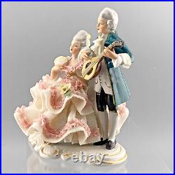 Dresden Germany Porcelain Victorian Lady & Gent Courting Couple Mandolin Crown N