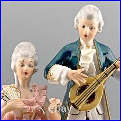 Dresden Germany Porcelain Victorian Lady & Gent Courting Couple Mandolin Crown N