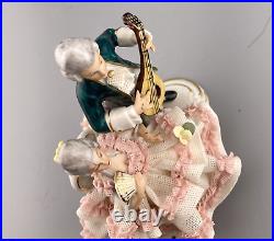 Dresden Germany Porcelain Victorian Lady & Gent Courting Couple Mandolin Crown N