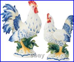 Fitz and Floyd Ceramic Rooster and Hen Figurine, Sicily Blue, Rooster 12.75-Inch