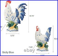 Fitz and Floyd Ceramic Rooster and Hen Figurine, Sicily Blue, Rooster 12.75-Inch