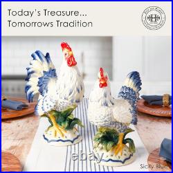 Fitz and Floyd Ceramic Rooster and Hen Figurine, Sicily Blue, Rooster 12.75-Inch