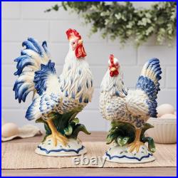 Fitz and Floyd Ceramic Rooster and Hen Figurine, Sicily Blue, Rooster 12.75-Inch
